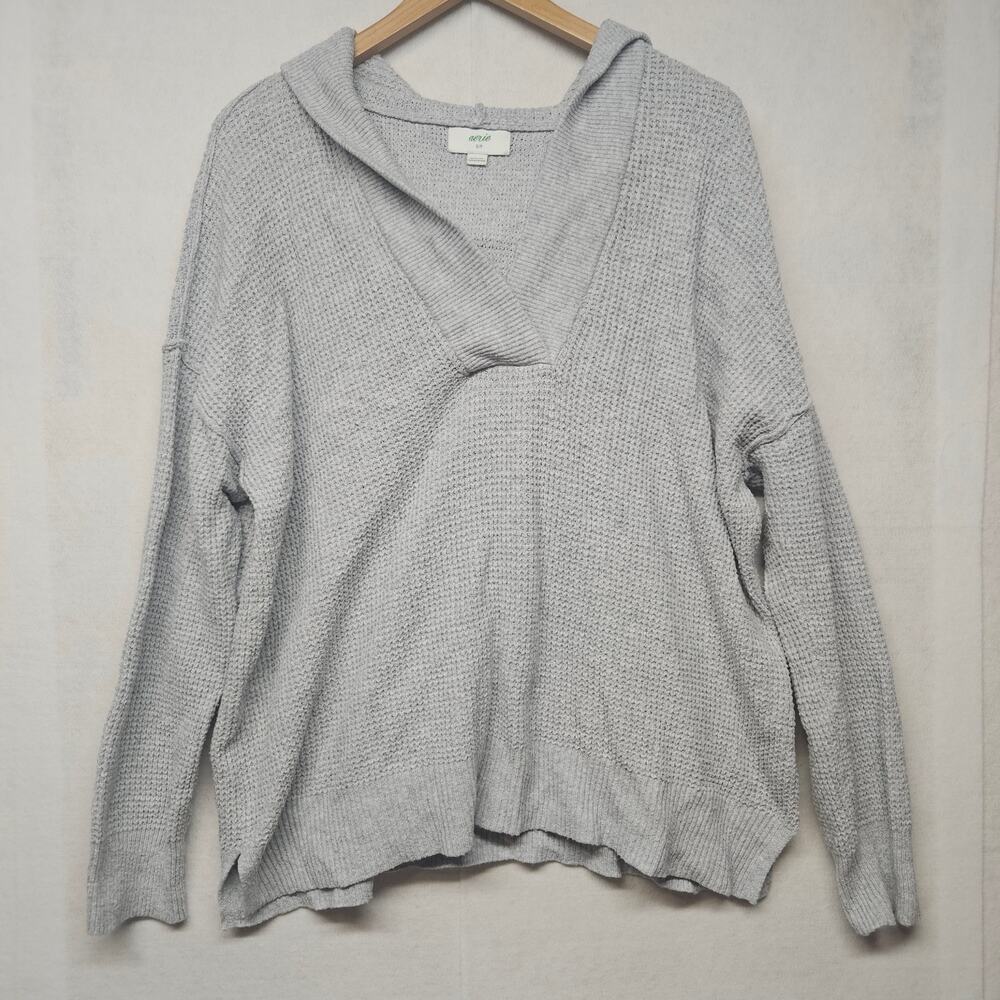 Aerie Waffle Knit Oversized Hoodie Women's S Grey Textured Lounge Sweater